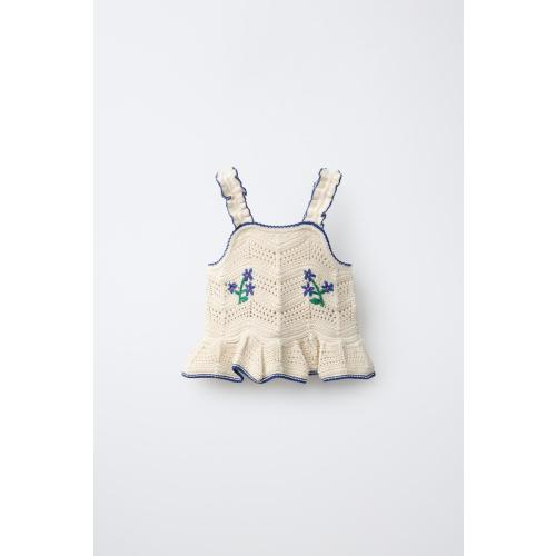 EMBROIDERED FLOWER KNIT TOP - Ecru / Blue | ZARA United States