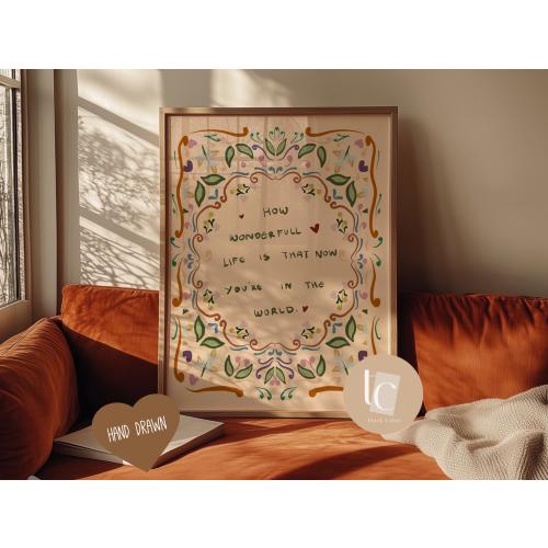 How wonderful life is now Affirmation print, kids room playroom nursery wall art retro kids decor genre neutral baby wall art illustration n