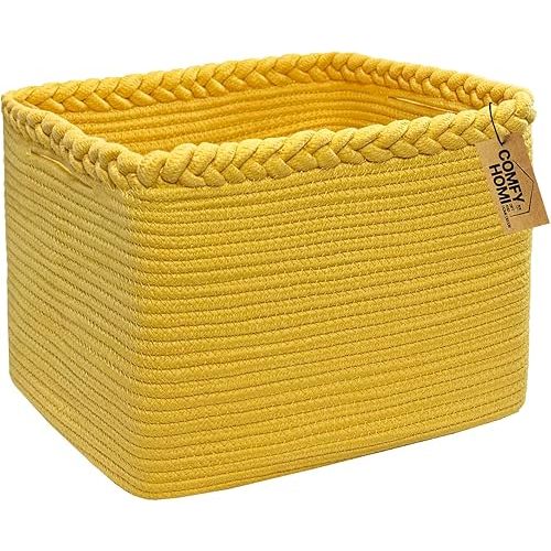 COMFY-HOMI Square Woven Cotton Rope Basket for Organizing, Gift Baskets for Handles, Empty Gift Baskets, Toy Basket for bins|13.5" x 11" x 9.5" home decor for Living Room, Bathroom