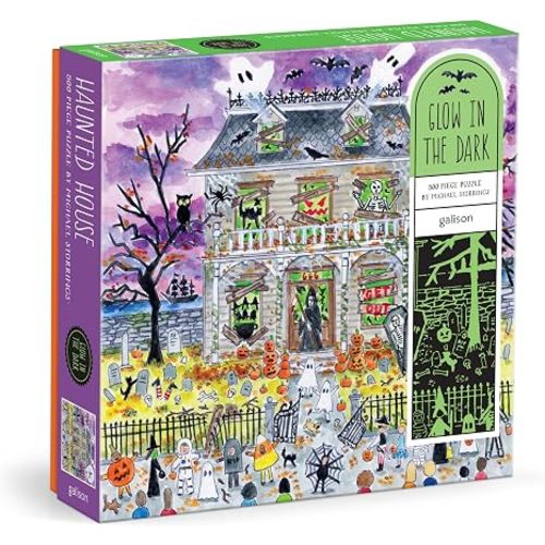 Galison Haunted House – 500 Piece Glow in The Dark Jigsaw Puzzle Featuring Spooky Artwork of A Haunted House