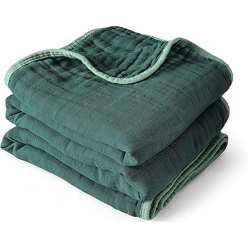 ZPECC Muslin Toddler Blanket Thicker, 47x47 Organic Cotton Kids Quilt Hypoallergenic for Baby Essentials Crib Stroller Daycare Cot, Dark Green