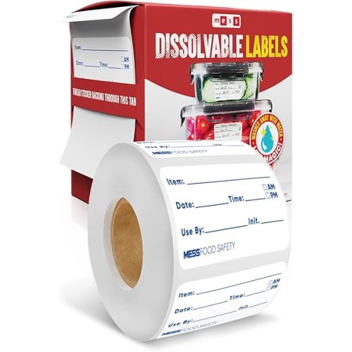 MESS Dissolvable Food Labels, 1x2, 200/Roll - Dissolves in 30 Seconds or Less - Removable Pantry, Meal Prep & Food Storage Labels – Canning & Freezer Use