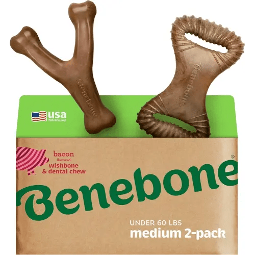 Benebone 2-pack Wishbone/Dental Durable Dog Chew Toys, Dog Toys for Aggressive Chewers, Real Bacon, Made in USA, Medium