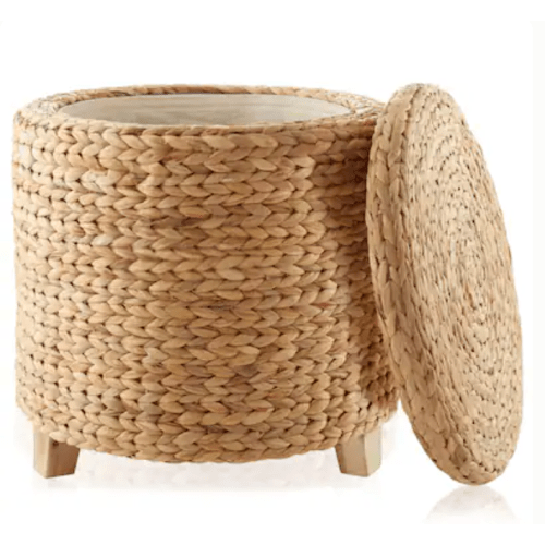 17in Round Water Hyacinth Storage Ottoman Footrest with Lid