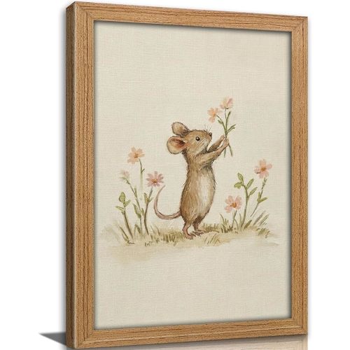 Vintage Framed Watercolor Mouse Nursery Wall Art Cute Little Mouse Holding Flowers Wall Decor Cottagecore Floral Animal Painting Picture Woodland Animal Print Artwork for Baby Room Playroom Kids Room