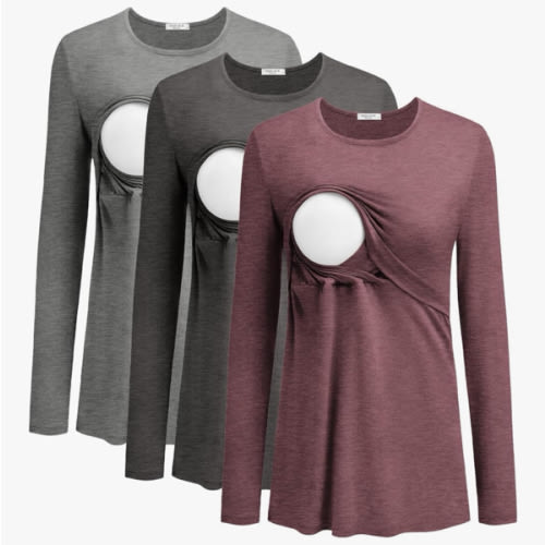 Ekouaer Women Long Sleeve Nursing Shirts 3 Pack Breastfeeding Round Neck Top Double Layer Maternity Tshirt Pregnancy Clothes