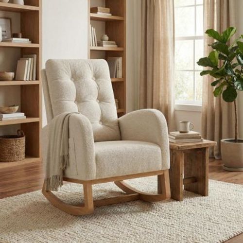 COZONY Modern Rocking Chair in Morandi colors, with Side Pocket, Linen Upholstered Glider Chair, 300 LBS Accent Rocker for Living Room & Nursery
