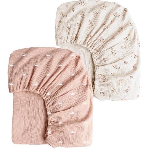 Konssy Muslin Crib Sheets for Girl Boy, 2 PCS Soft and Breathable Cotton Baby Sheets for Standard Crib Mattress, 52"x 28" (Pink Sun,Khaki Leaf)