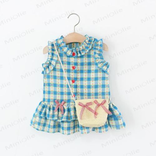 Baby Toddler Girl Bow Blue Plaid Flower/Beige Dot Dress