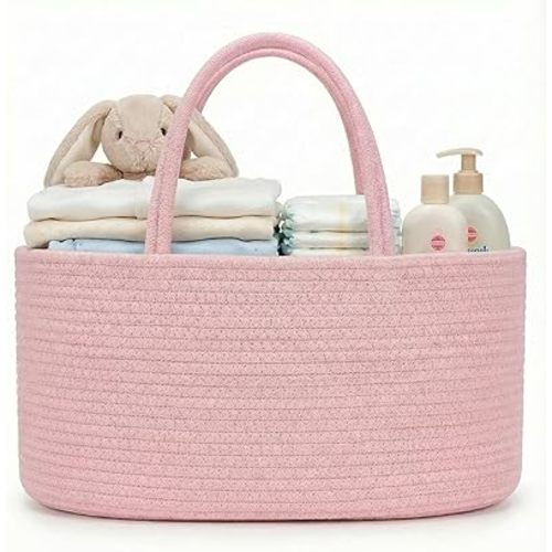luxury little Diaper Caddy Organizer, Large Cotton Rope Nursery Baby Basket, Changing Table Organizer for Baby Diaper Storage, Portable Car Organizer Removable Divider (Light Pink, Large)