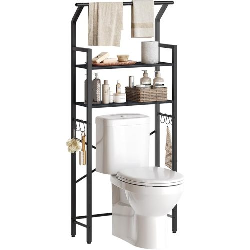 Over The Toilet Storage, 2-Tier Bathroom Organizer Shelves with Hooks, Multifunctional Vertical The Toilet Shelf Storage Rack for Bathroom, Black TR01BB