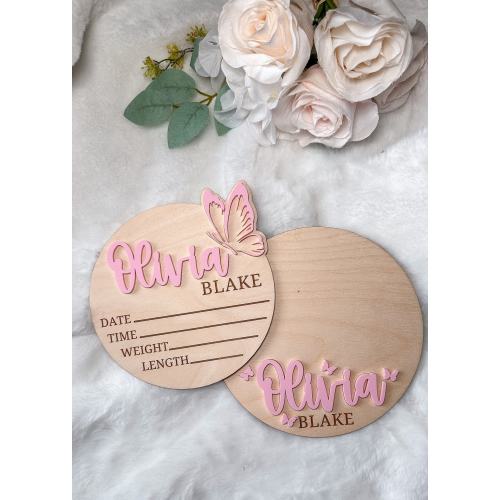 Baby Girl Name Sign With Butterfly: Wooden Birth Announcement