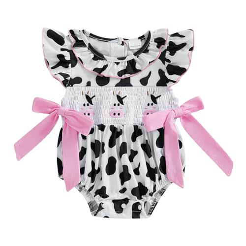 Western Baby Girl Clothes Cow Print Romper Smocked Bubble Ruffle Sleeve Bow Bodysuit Newborn Infant Cowgirl Outfit