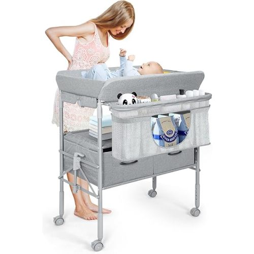 Baby Changing Table, Portable Changing Table with 2 Storage Baskets, Adjustable Height Waterproof Diaper Changing Station Pad Topper, Mobile Nursery for Newborn and Infant