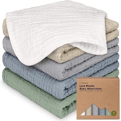 5-Pack Muslin Baby Washcloths for Newborn – 12x12" Soft Absorbent Organic Cotton Muslin Wash Cloths for Babies Girl, Boy, Infant, Toddlers, Kids Face Towel, Bath Essentials, Baby Burp Rags (Slate)