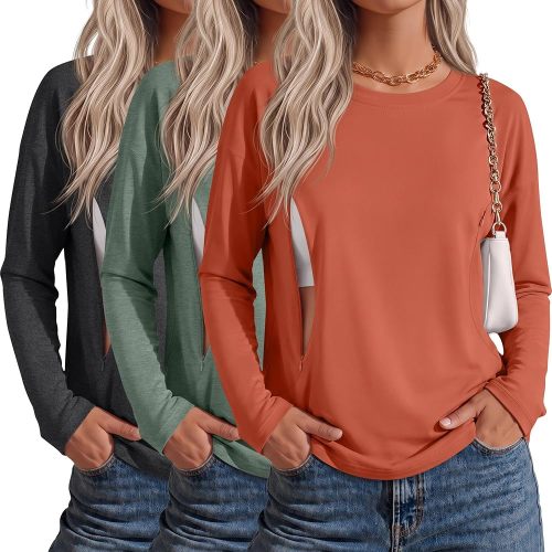 Riyiper 3 Pack Women's Nursing Shirts with Hidden Zippers