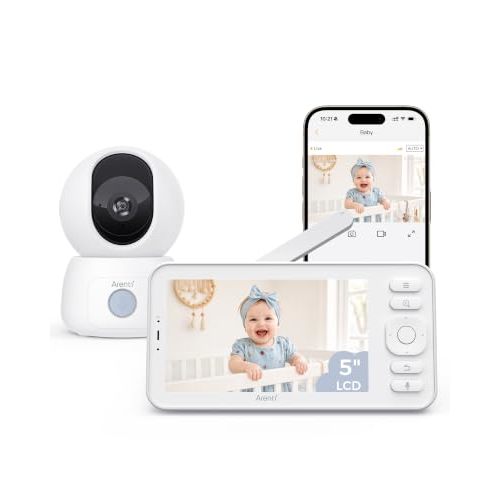 ARENTI Baby Monitor C3 Kit, 3MP WiFi 6 PTZ Camera with 5" Wireless Display | Dual-Mode Security: Local 5" Monitor & WiFi App, up to 3MP NV, Auto Tracking, 6X Zoom, 1-Click Call, White Noise, SD Slot