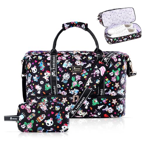 tokidoki 2PCS Duffle & Cosmetic Travel Bag with Shoe Compartment for Women | Officially Licensed 2PCS Set, 3-5 Day Large Capacity, Shoe Compartment, 15.6" Laptop Sleeve, Luggage Trolley Strap