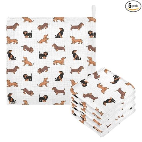YETTASBIN Dachshund Dog Muslin Baby Hand Washcloths, Soft Cotton Bath Face Towel, 4 Layers Extra Absorbent Feeding Burp Cloth for Newborn Infant, 5 Pack