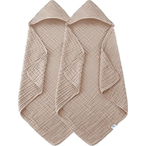 SWEET DOLPHIN Muslin Hooded Baby Bath Towels - 2 Pack 100% Cotton Towel for Babies, Infants, Toddlers - 32x32Inch - Highly Absorbent and Newborn Essential, Brown