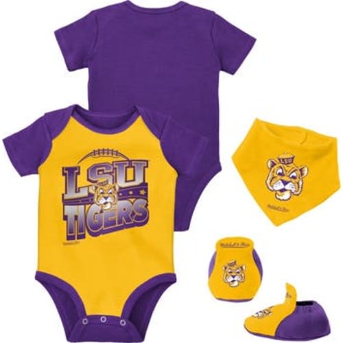 Infant Mitchell & Ness Purple/Gold LSU Tigers 3-Pack Bodysuit, Bib and Bootie Set, 3-6M
