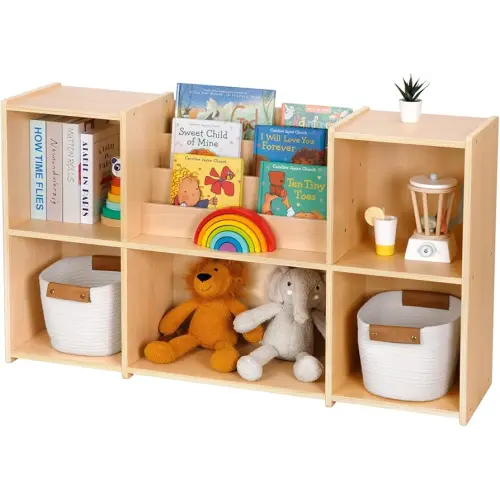 OOOK Montessori Bookshelf and Toy Storage Organizer, 2-Tier Horizontal Bookshelf, 5-Compartment Toy Storage Cabinet with Book Rack, Ideal Choice for Kids Classroom Organizer, Playroom and Daycare