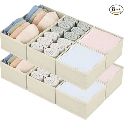 DIMJ Drawer Organizers for Clothing, Set of 8 Fabric Closet Organizers and Storage, Dresser Organizers, Drawer Dividers for Baby Clothes, Socks, Belt, Tie (Beige)