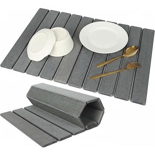 Stone Dish Drying Mat for Kitchen Counter – Large 24"×16" Instant-Dry Diatomaceous Earth Drying Mat, Foldable Quick-Dry Dish Drying Pad, Easy-Clean Kitchen Mat