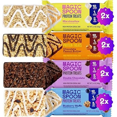 Magic Spoon Treats - 8 High Protein Bars: 2 Marshmallow, 2 Chocolate Peanut Butter, 2 Blueberry Muffin, 2 Double Chocolate - High Protein Gluten & Gluten Free Snack - Sugar Free Protein Cereal Bar