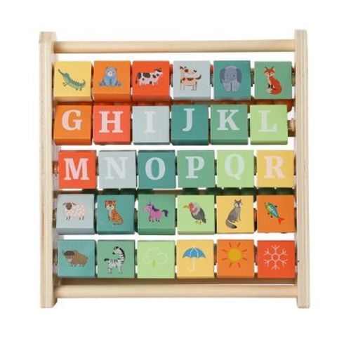 Freniland 2-Sided Wooden Alphabet and Abacus Learning Board with Animal Picture Blocks