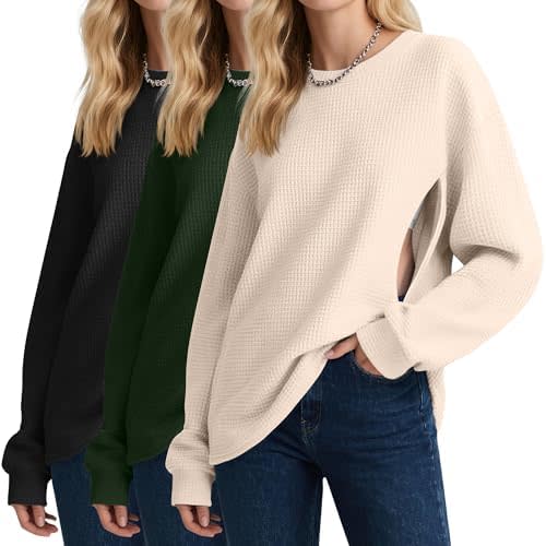 Oakgarden 3 Pack Women's Oversized Nursing Tops, Waffle Knit Breastfeeding Zipper Sweatshirt Long Sleeve Maternity Shirts