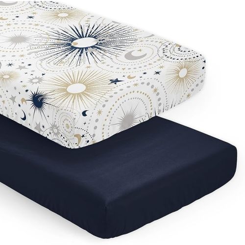 Sweet Jojo Designs 2-Piece Baby Crib Sheets Set (Star and Moon) for Boys, Infant Nursery, Toddler Room - Fitted, Standard Size (Solid Navy Blue & Celestial, Sky, Stars, Outerspace, Moons and Stars)