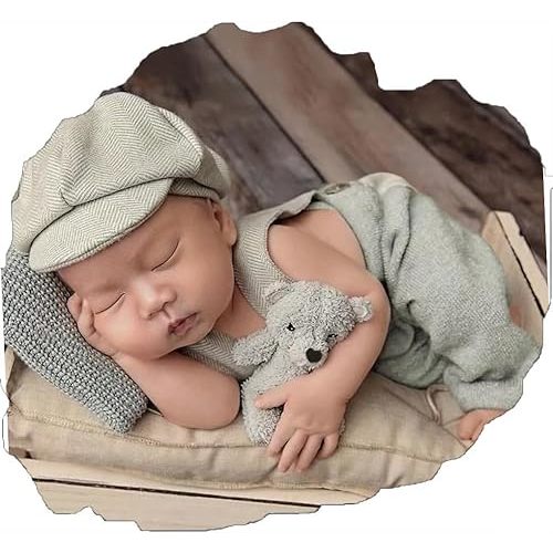 Newborn Photography Outfits Boy Newborn Boy Photoshoot Outfits 2Pcs Baby Photography Props Newborn Gentleman Suit Photography Outfits Boy Suspender Pants with Beret 0-3 Months (Green)