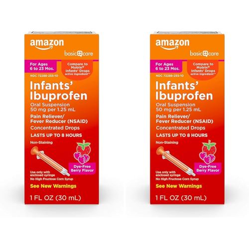 Amazon Basic Care Infants’ Ibuprofen Oral Suspension, 50 mg/1.25 mL, Berry Flavor Concentrated Drops, Dye-Free, 1 fl oz (Pack of 2)