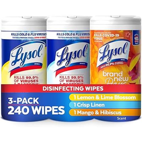 Lysol Disinfectant Wipes Bundle, Dorm Room Essentials, Multi-Surface Cleaning Wipes, For Disinfecting & Cleaning, Lemon & Lime Blossom, Crisp Linen, Mango & Hibiscus, 3x80 ct