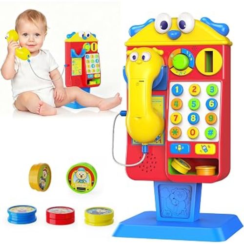 Musical Toy Phone Booth for 1-2 Year Old, Birthday Gifts for 1 2 3 Year Old Boy Girl, with 2-Way Talk, Voice Recording, 5 Career Coin Play, Learning Educational Toy with Numbers, Songs & Animals