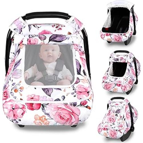 Winter Car Seat Cover Baby with Sunshade & Dual Zipper Windows - Minky Bubble Lined Windproof Soft Shell, Warm Newborn Car Seat Canopy Covers, Elastic Bottom for Stroller & Infant Car Seat, Floral