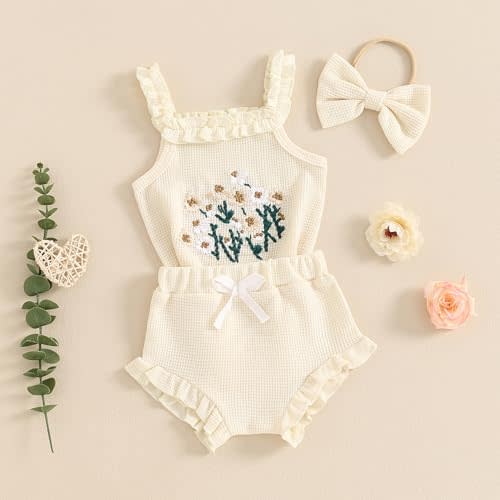 Newborn Baby Girl Summer Clothes Floral Embroidery Hater Romper Bloomers Shorts Set Headband Cute Baby Girl Outfit