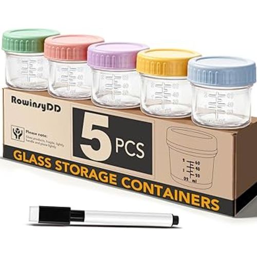 5 Pack Glass Baby Food Storage Containers, 4 oz Leakproof Baby Food Jars with Lids, Small Glass Food Containers for Infant Baby, Freezer & Microwave Safe, BPA Free
