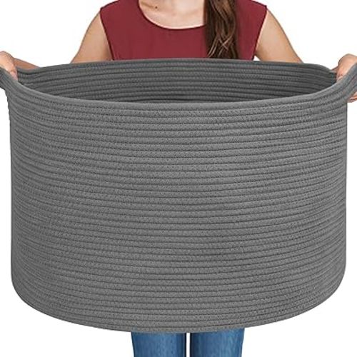 Large Dark Grey Storage Basket, Woven Cotton Rope Baskets for Storage, Big Blanket Organizer Storage Basket for Living Room, Kids Room Toy Storage Organizer Box, Blanket Keeper (22"x14")