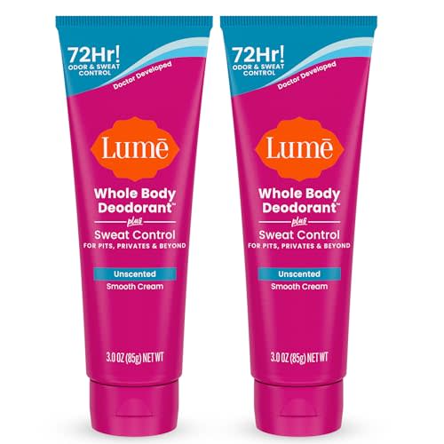 Lume Whole Body Deodorant Plus Sweat Control - Smooth Cream Tube - 72 Hour Odor And Sweat Control - Baking Soda Free, Skin Loving - 3.0 ounce (Pack of 2) (Unscented)