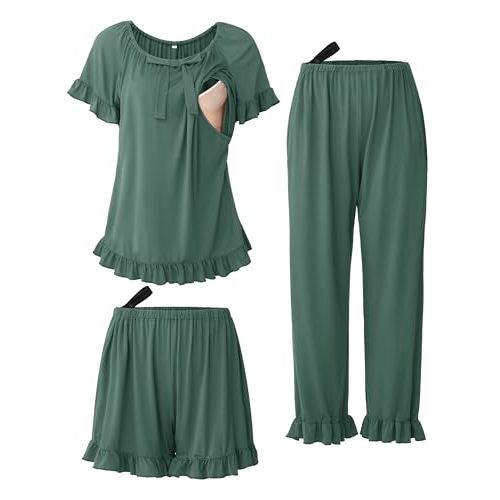 SUNNYBUY 3Pcs Ruffle Trim Postpartum Nursing Pajamas Set with Bowknot, Maternity Breastfeeding PJS Pregnancy Sleepwear