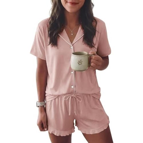 Ekouaer Womens Pajama Sets Button Down Cute Ruffled Pjs Set Sleepwear