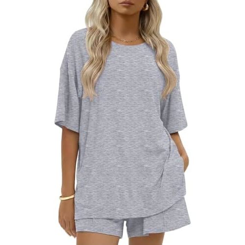 Ekouaer Womens Cotton 2 Pieces Short Sets Summer Short Sleeve Outfits Casual Matching Lounge Set with Pockets