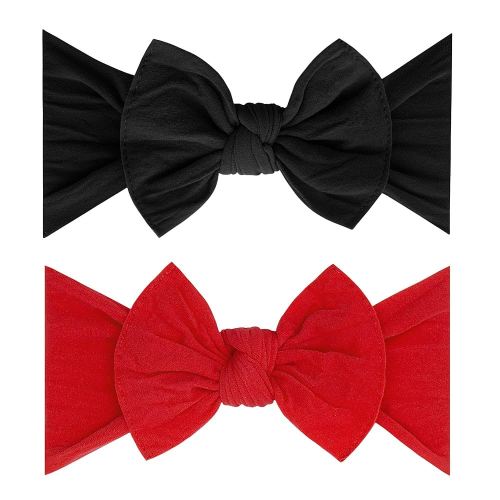 Baby Bling Bows - Newborn to Little Baby Girl Bows, 2 Pack Nylon Super Soft Stretchy Knot Toddler Headbands, Perfect Hair Accessories Head Bands for Infant Kids(Cherry & Black)