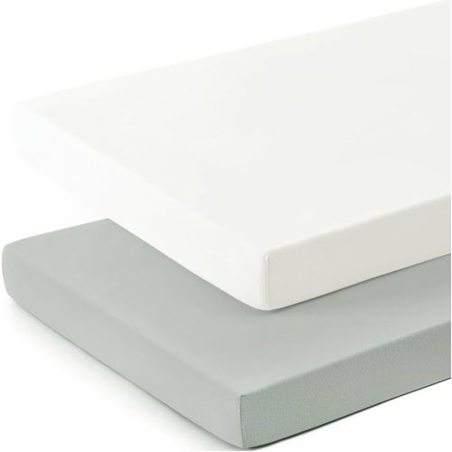 GRSSDER Mini Crib Sheets Fitted, Pack and Play Sheets 2 Pack, Ultra Soft Stretchy Pack N Play Sheets, Universal Fit for Playard Mattress, Jersey Crib Sheets Neutral for Boys and Girls, Gray/White