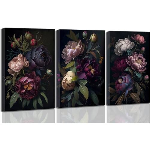 3 Pcs Moody Floral Canvas Wall Art Vintage Dark Peony Flowers Botanical Still Life Painting Picture Wall Decor Poster Print Artwork for Living Room Bedroom Women Room Home Decoration