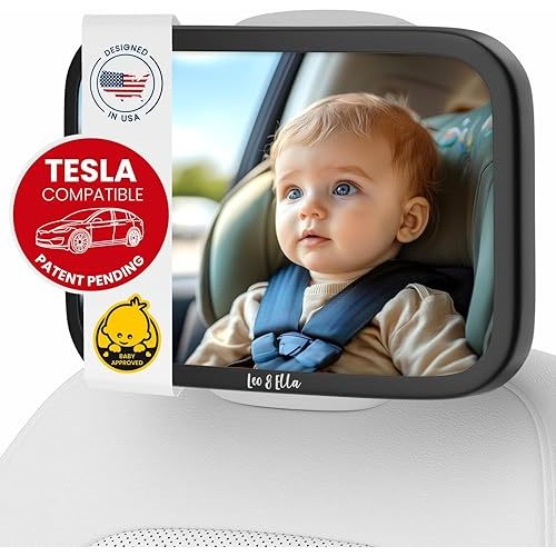 Leo and Ella - Tesla Fixed Headrest Baby Car Mirror, Extra Large Car Mirror For Baby, Shatterproof & Adjustable Safety Mount with Elastic Strap