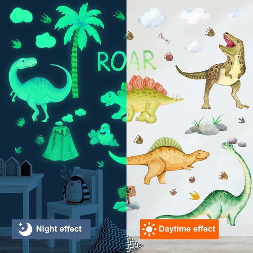 Neasyth Watercolor Dinosaur Wall Decals Glow in The Dark Dino Wall Stickers for Boys Bedroom Nursery Playroom, Green