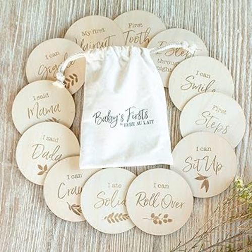 Baby's First Milestone Moments Set Wooden Keepsake Discs, Baby Monthly Milestone | Wooden Monthly Milestone Photo Cards | Light Wood Pregnancy Journey Milestone Markers | Bebe au Lait